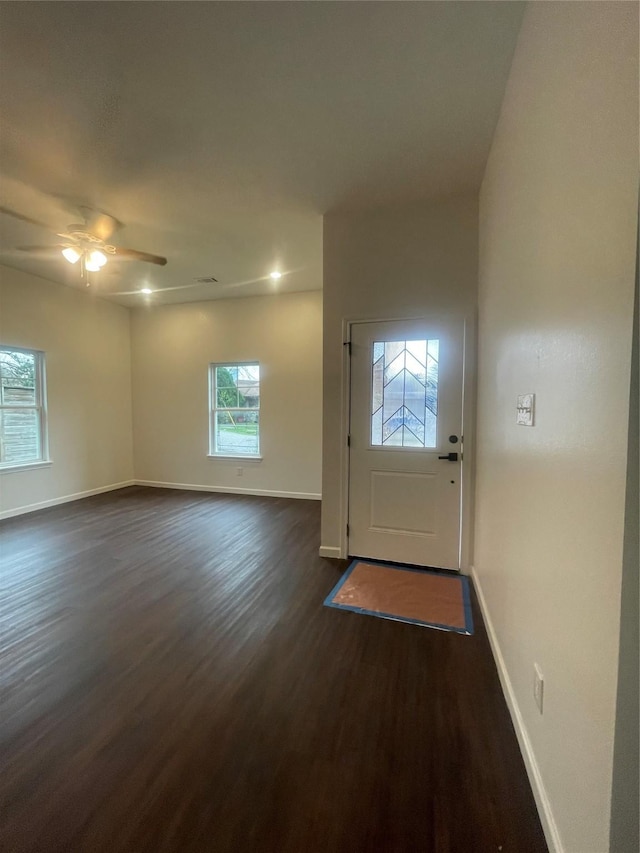 doorway to outside featuring ceiling fan, a healthy amount of sunlight, and dark hardwood / wood-style floors