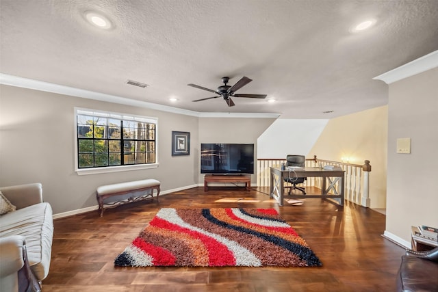 living room with ceiling fan, dark hardwood / wood-style flooring, and ornamental molding