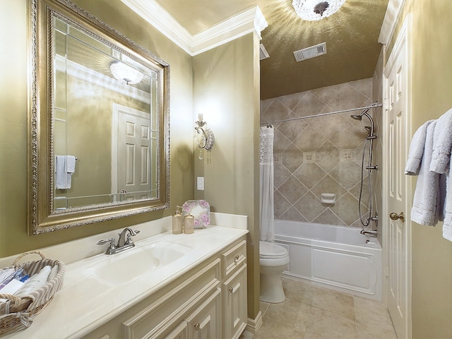 full bathroom with vanity, tile patterned floors, crown molding, toilet, and shower / bath combo with shower curtain