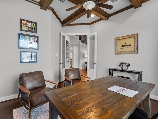 office featuring ceiling fan, french doors, beamed ceiling, dark hardwood / wood-style floors, and crown molding