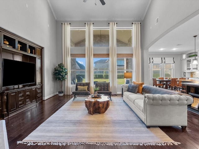 living room featuring dark hardwood / wood-style floors, ceiling fan, and ornamental molding