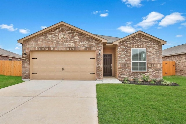 single story home featuring a front lawn and a garage