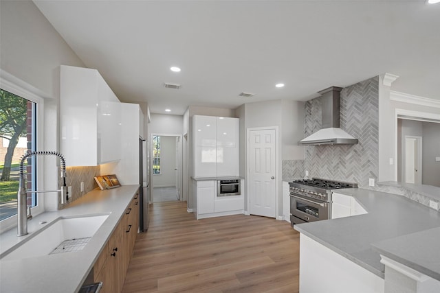 kitchen with appliances with stainless steel finishes, a wealth of natural light, wall chimney exhaust hood, sink, and white cabinets