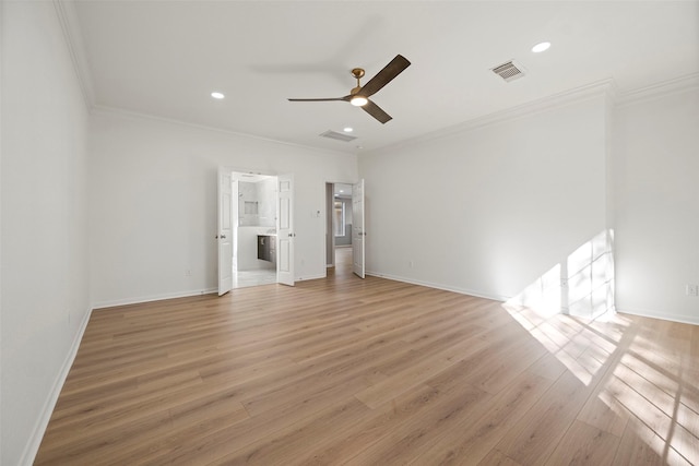 unfurnished bedroom featuring connected bathroom, ceiling fan, light hardwood / wood-style flooring, and ornamental molding