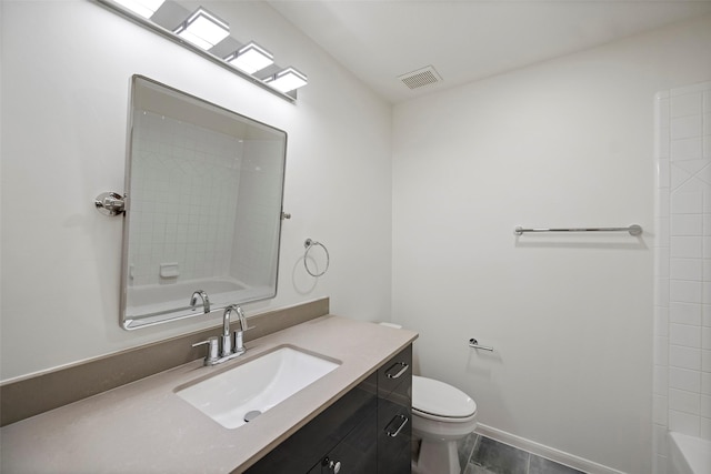 full bathroom with tile patterned floors, vanity, shower / bathtub combination, and toilet