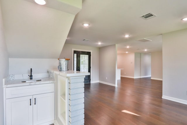 interior space with dark wood-type flooring, lofted ceiling, and sink