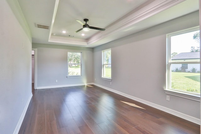 spare room with dark hardwood / wood-style floors, a healthy amount of sunlight, and a tray ceiling