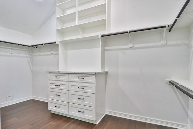 spacious closet with dark hardwood / wood-style floors and vaulted ceiling