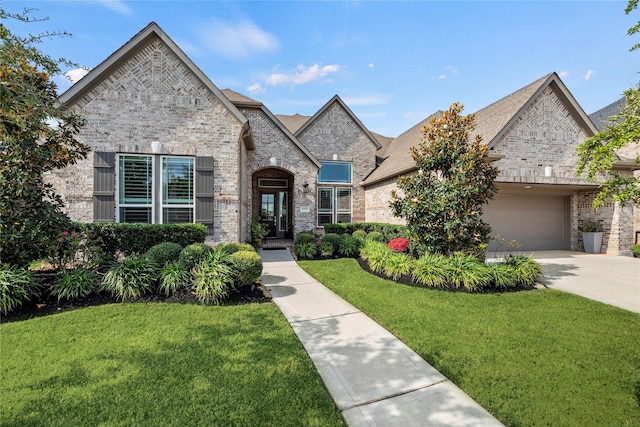 french country style house featuring a garage, a front lawn, concrete driveway, and brick siding