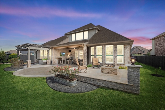 back of house with a fire pit, brick siding, a patio area, and a pergola