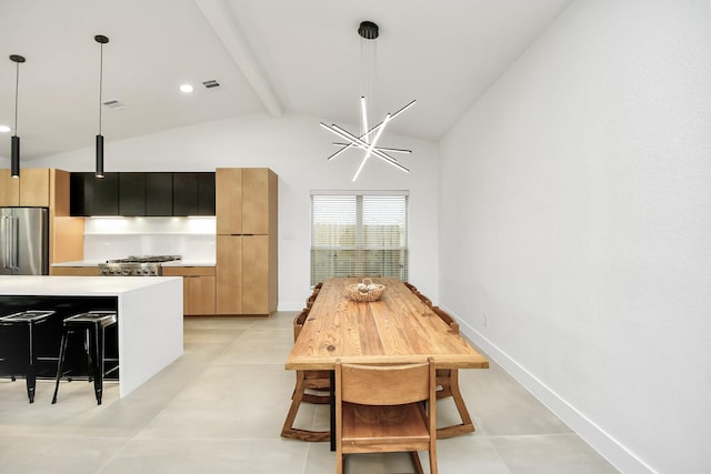 dining area featuring beam ceiling, high vaulted ceiling, and an inviting chandelier