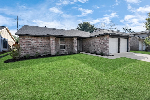 ranch-style house with a front yard and a garage