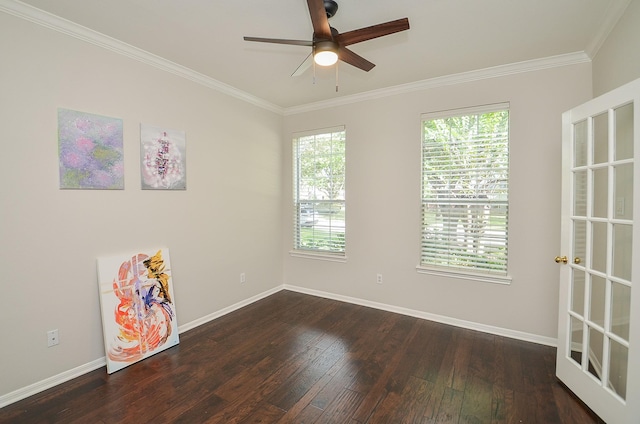 unfurnished room with ceiling fan, dark hardwood / wood-style flooring, and ornamental molding