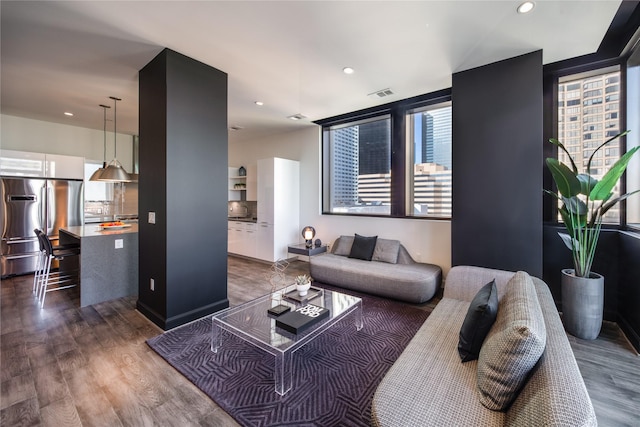 living room with dark wood-type flooring