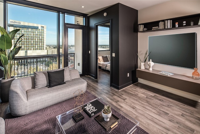 living room featuring expansive windows and wood-type flooring