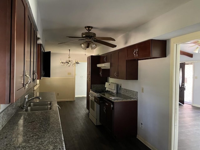 kitchen with dark hardwood / wood-style flooring, ceiling fan with notable chandelier, gas range gas stove, and sink