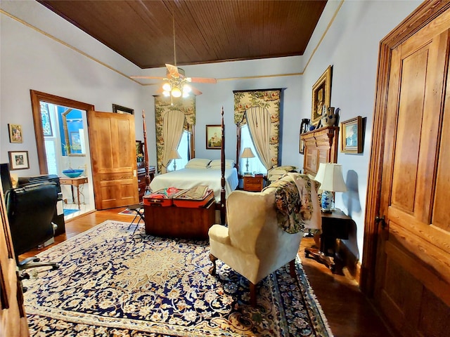 bedroom with wood-type flooring, ceiling fan, and wood ceiling