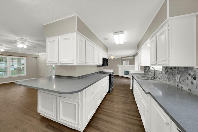 kitchen featuring white cabinetry, sink, ceiling fan, dark wood-type flooring, and stainless steel electric stove