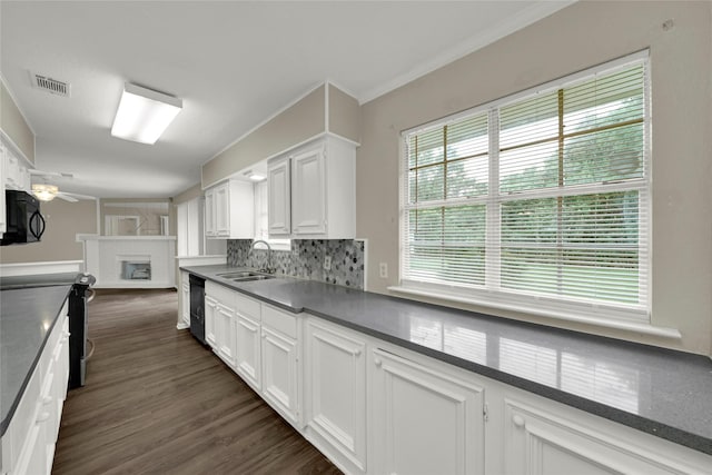 kitchen featuring black appliances, sink, decorative backsplash, ceiling fan, and white cabinetry