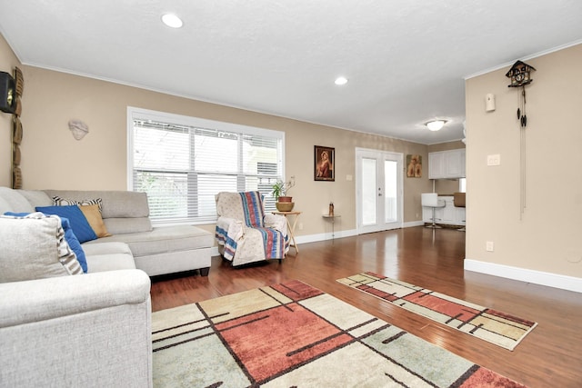 living room featuring ornamental molding, dark wood-type flooring, and french doors