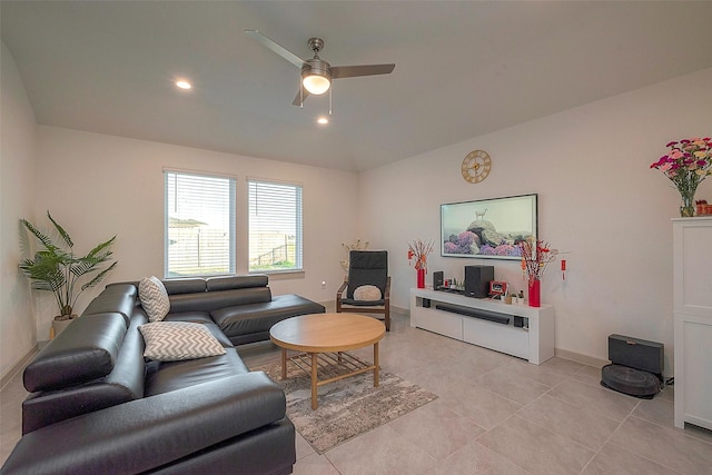 living room featuring light tile patterned floors, recessed lighting, a ceiling fan, and vaulted ceiling