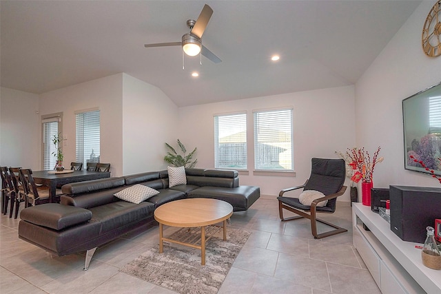 living area featuring light tile patterned floors, recessed lighting, lofted ceiling, and ceiling fan