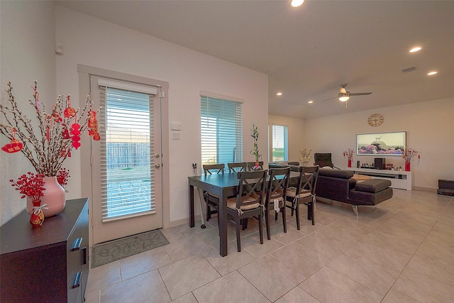 dining area featuring light tile patterned floors, recessed lighting, visible vents, and ceiling fan