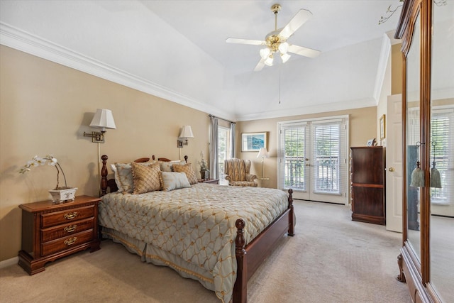 bedroom with access to exterior, ceiling fan, french doors, light carpet, and ornamental molding