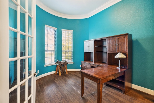 office area featuring ornamental molding and dark wood-type flooring