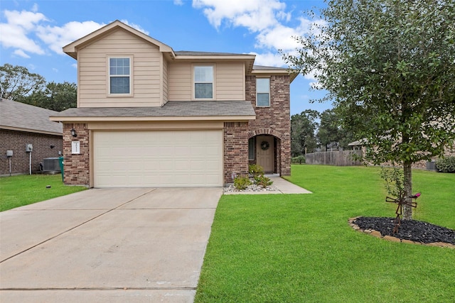 view of front of property with a garage, central air condition unit, and a front lawn