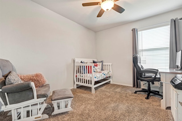 bedroom with carpet flooring, ceiling fan, and lofted ceiling