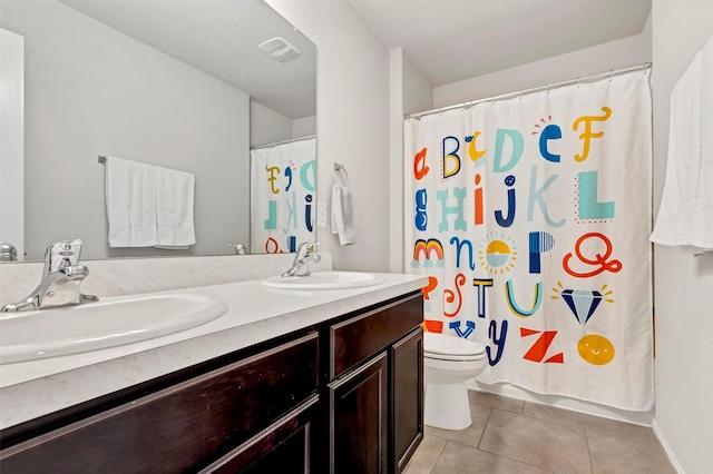 bathroom with tile patterned floors, vanity, toilet, and a shower with shower curtain