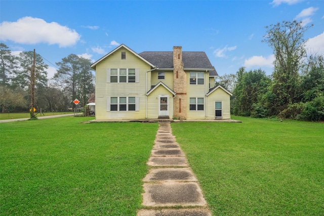 back of property featuring a yard