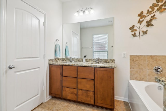 bathroom with tile patterned floors, a tub to relax in, and vanity