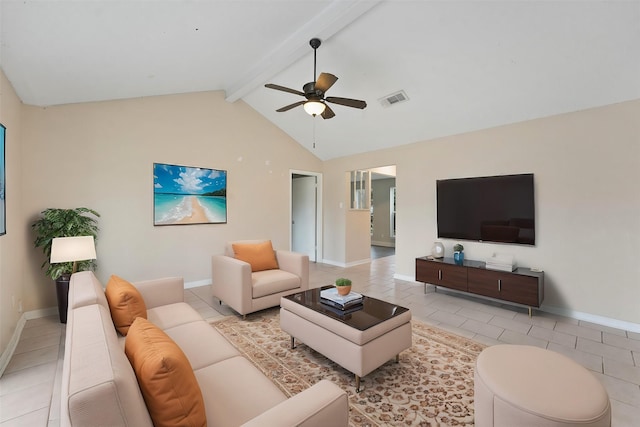 tiled living room with beam ceiling, high vaulted ceiling, and ceiling fan