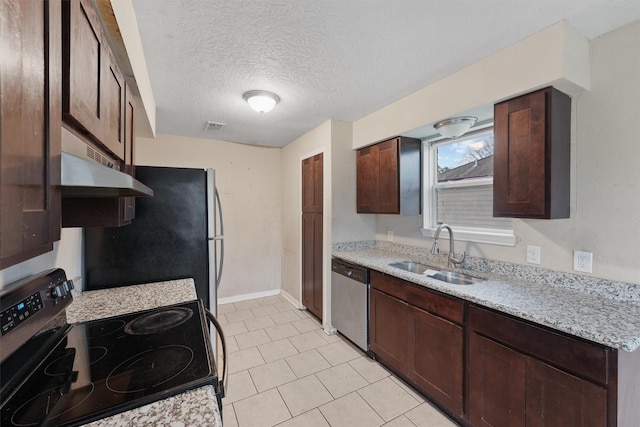 kitchen with stainless steel dishwasher, a textured ceiling, sink, light tile patterned floors, and black electric range