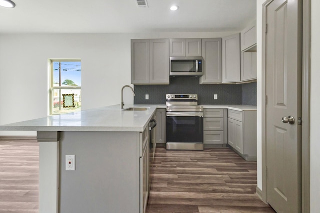 kitchen with decorative backsplash, gray cabinets, kitchen peninsula, and stainless steel appliances