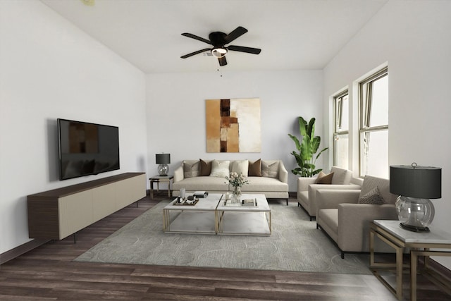 living room featuring ceiling fan and dark wood-type flooring