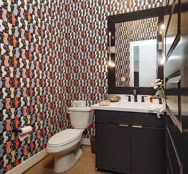 bathroom featuring vanity, wood-type flooring, and toilet