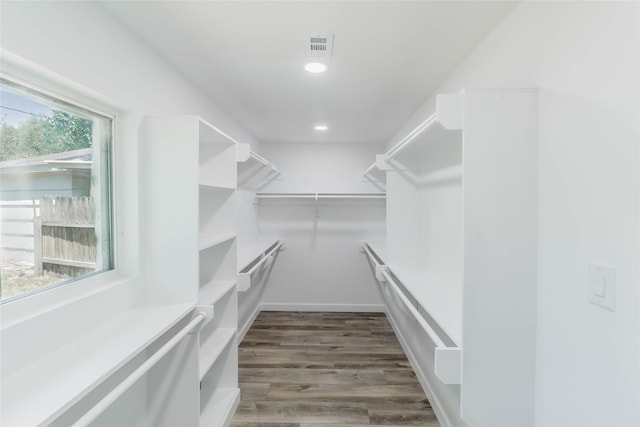 spacious closet with dark hardwood / wood-style floors