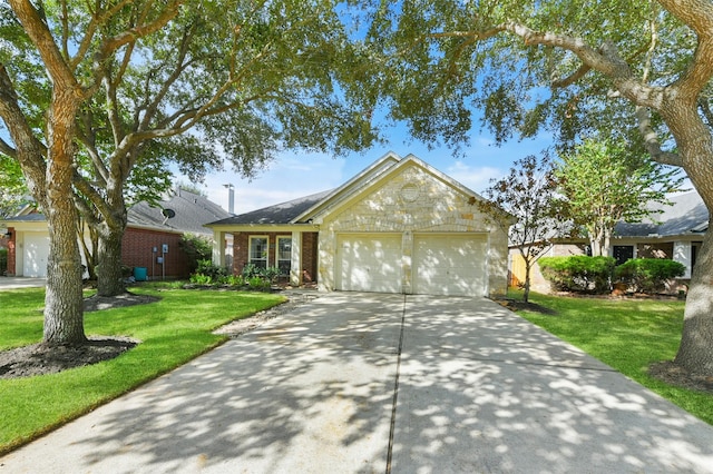 ranch-style home with a garage and a front lawn