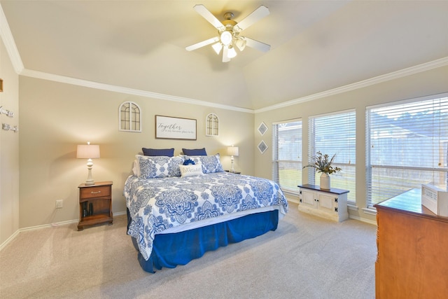 bedroom with ceiling fan, crown molding, light carpet, and vaulted ceiling