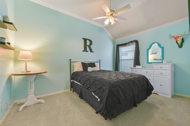 bedroom with light colored carpet, vaulted ceiling, ceiling fan, and ornamental molding