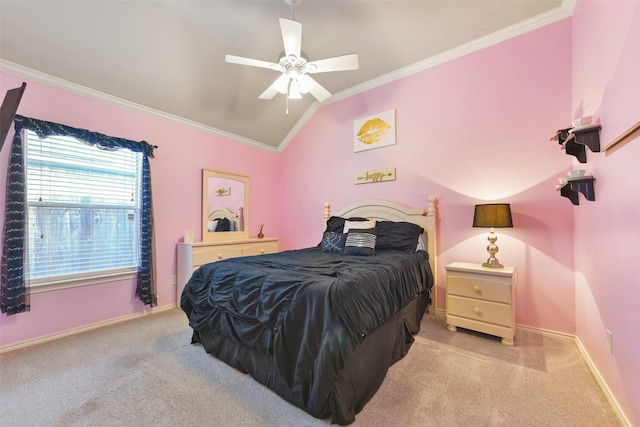 bedroom with ceiling fan, light carpet, lofted ceiling, and ornamental molding