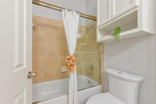 bathroom with toilet and shower / bathtub combination with curtain