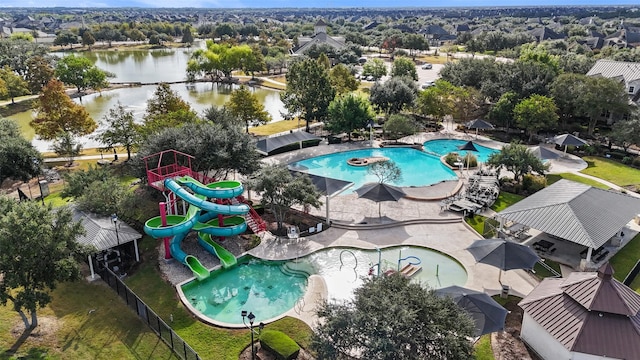 drone / aerial view featuring a water view