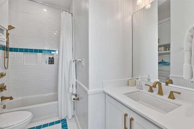 full bathroom featuring toilet, vanity, shower / bathtub combination with curtain, and tile patterned flooring