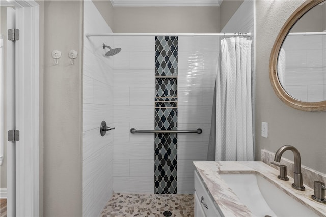 bathroom with vanity and curtained shower