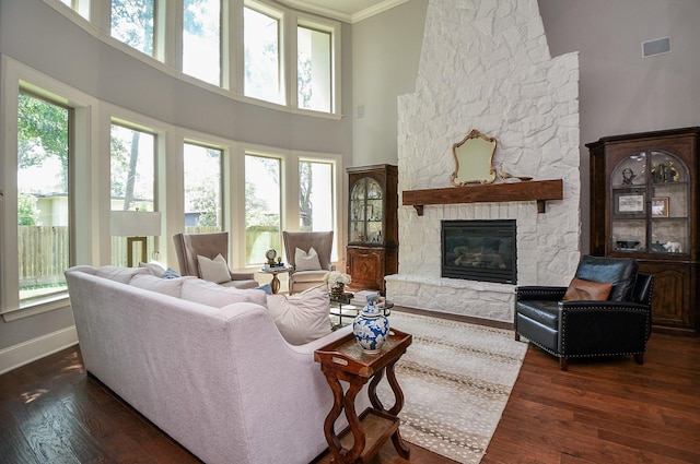 living room featuring dark wood-type flooring, a towering ceiling, ornamental molding, and a fireplace