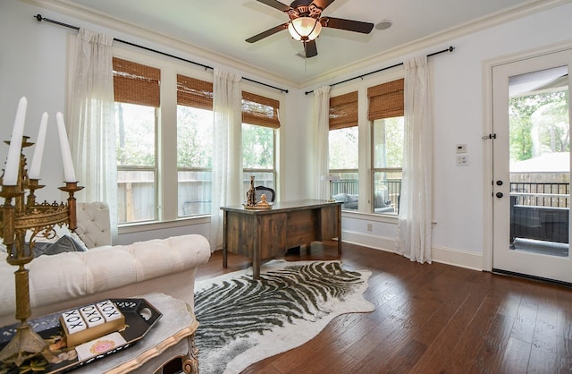 office featuring crown molding, ceiling fan, and dark hardwood / wood-style floors